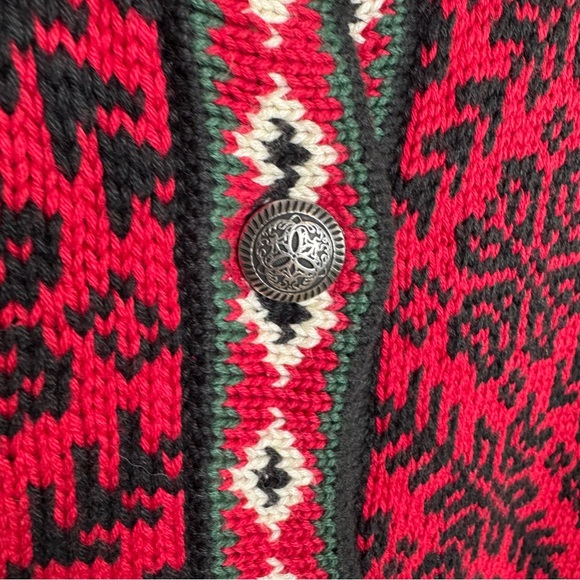 L.L. Bean Red and Black Fair Isle Patterned Cardigan Ornate Buttons Medium - Picture 5 of 6